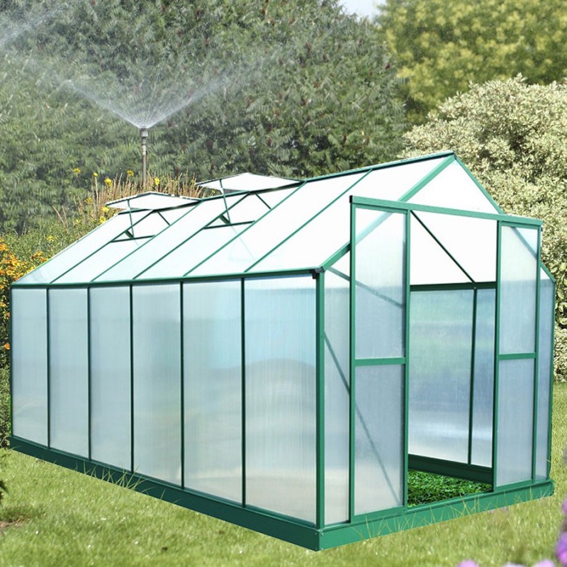 Serre de jardin structure aluminium 12.61m² avec base et 4 fenêtres de toit